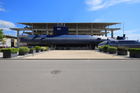 Tivat, Montenegro - 16 july, 2021: Old military submarine P-821 Hero mounted on land in a museumのeditorial素材