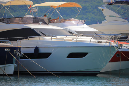 Luxury motor yacht moored in the marina in Montenegro
