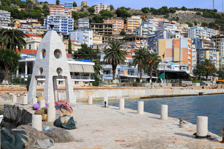 Saranda, Albania - 18 october, 2020: Harbor in Saranda city, Albaniaのeditorial素材