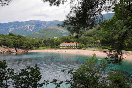 Milocher villa and park with a view to the King's Beach in Sveti Stefan in Montenegroのeditorial素材