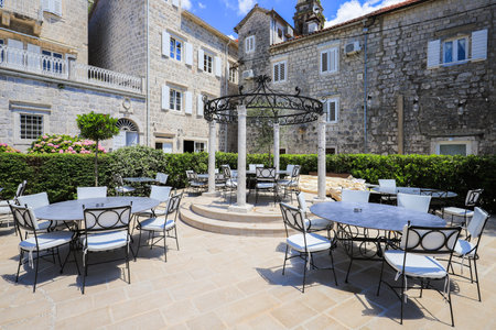 Summer cafe in the old town of Perast in Montenegroのeditorial素材