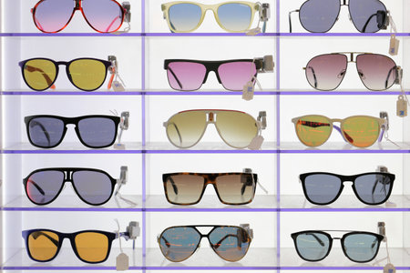 Athens, Greece - 07 july, 2018: Sunglasses on the shelf of an optics storeのeditorial素材