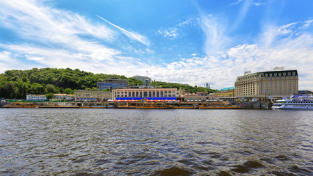 Kyiv, Ukraine - 25 may, 2017: Panorama of the Kyiv river station in summerのeditorial素材