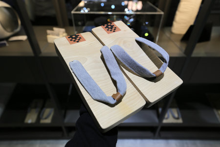 Japanese traditional wooden shoes flip flops close-upの写真素材