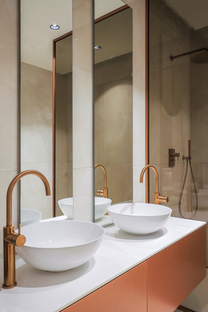 White sink with faucet in contemporary bathroom interiorの写真素材