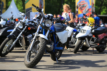 Kyiv, Ukraine - 14 April, 2019: Motorcycles parking on the street in summerのeditorial素材