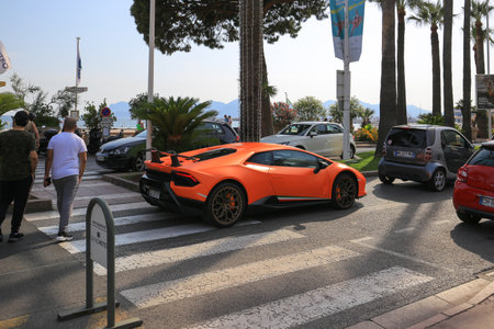 Cannes, France - 22 July, 2019: Orange Lamborghini Huracan on the streetのeditorial素材