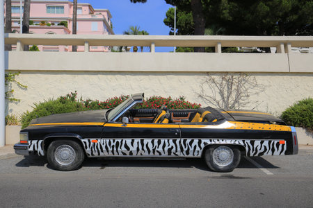 Cannes, France - 22 July, 2019: Painted vintage car cabriolet Cadillacのeditorial素材