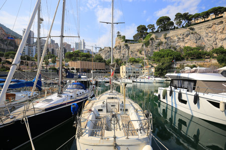 Monaco - 23 July, 2019: Sailing yachts moored in the Port de Fontvieille in Monacoのeditorial素材