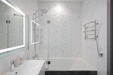 Chrome chower over the bath in the interior of the bathroom