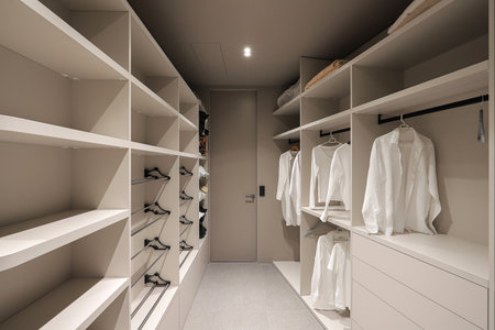 Inside empty modern dressing room interior with shelvesの写真素材