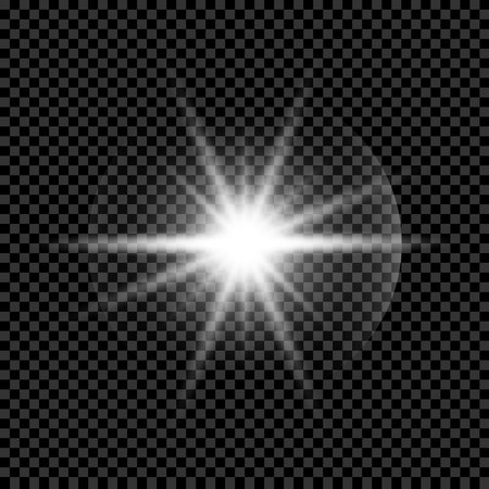 White glowing light explodes on a transparent background. Sparkling magical dust particles. Bright Star. Transparent shining sun, bright flash. Vector sparkles. To center a bright flash.のイラスト素材