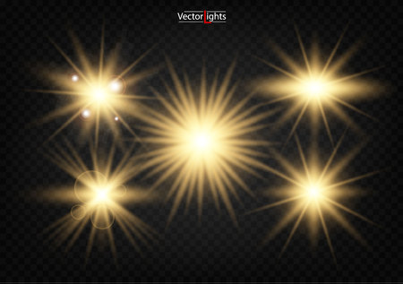 Set. Shining star, the sun particles and sparks with a highlight effect, color bokeh lights glitter and sequins. On a dark background transparent. Vector, EPS10のイラスト素材