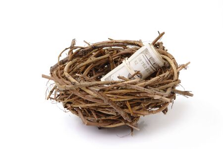 Roll of american one hundred dollar bills in bird's nest over white backgroundの写真素材