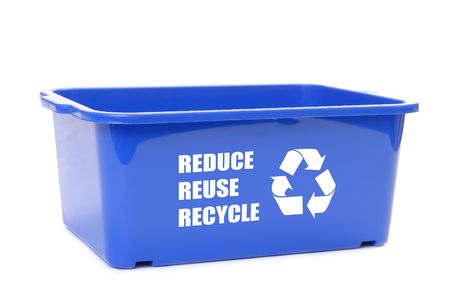 Blue plastic disposal container with reduce, reuse, recycle words and recycle symbol over white backgroundの写真素材