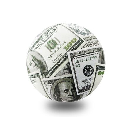 Globe formed of American one hundred dollar bills over white backgroudの写真素材