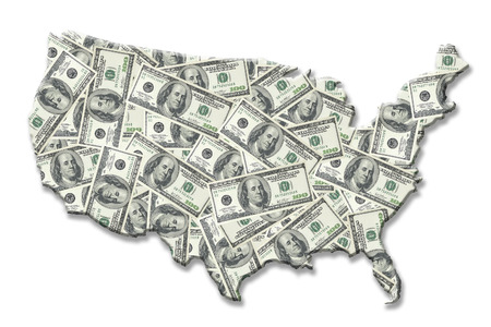 Map of United States of America superimposed on one hundred dollar banknote background over whiteの写真素材
