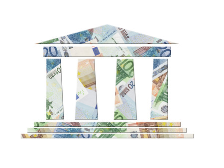 Bank icon with superimposed background of twenty, fifty and one hundred euro banknotesの写真素材