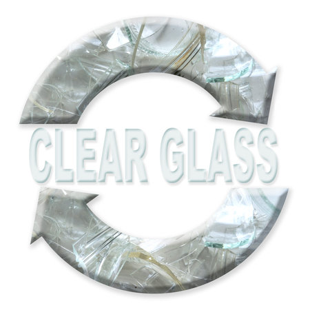 Two arrow clear glass recycling symbol over white backgroundの写真素材