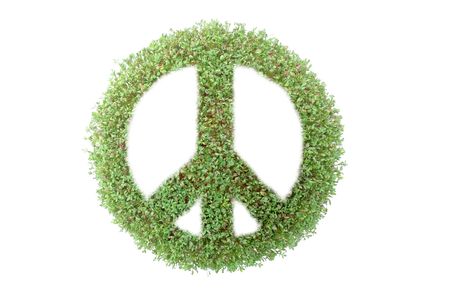 Peace symbol superimposed on green plant isolated on whiteの写真素材