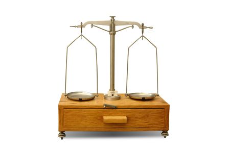 Old general laboratory balance isolated on white backgroundの写真素材