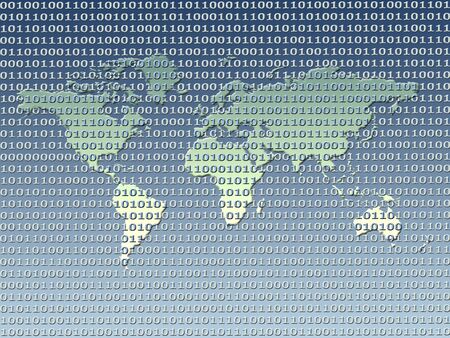 World map superimposed on background made of 0 and 1 digitsの写真素材