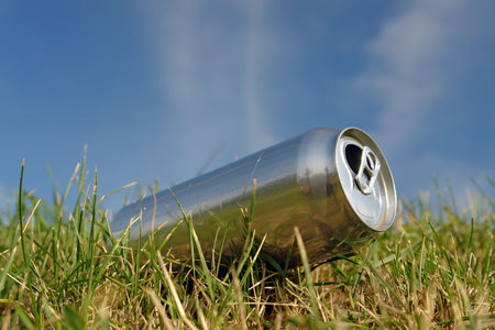 Empty aluminum beer can laying in the grass over blue sky