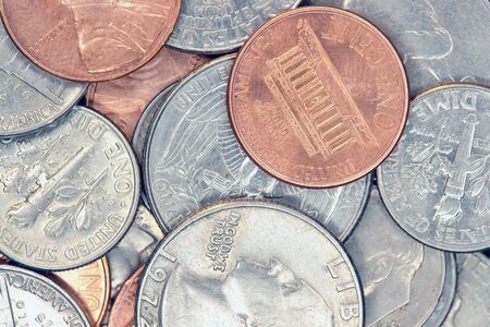 Closeup shot of pile od American coinsの写真素材