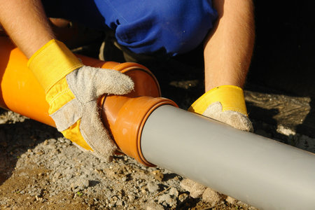 Closeup of plumber's hands assembling pvc sewage pipes in house foundation