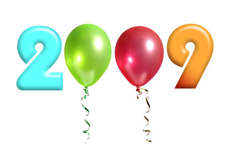 Two thousand nine New Year number with two colorful balloons as zeros over white