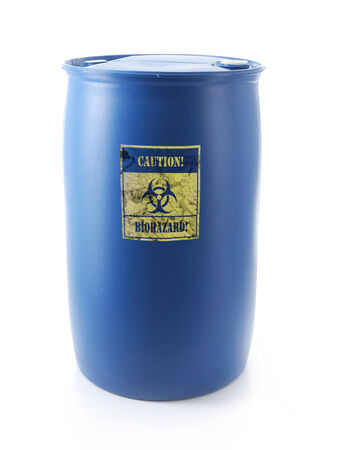 Dangerous biological materials stored in blue container with biohazard warning label shot on whiteの写真素材