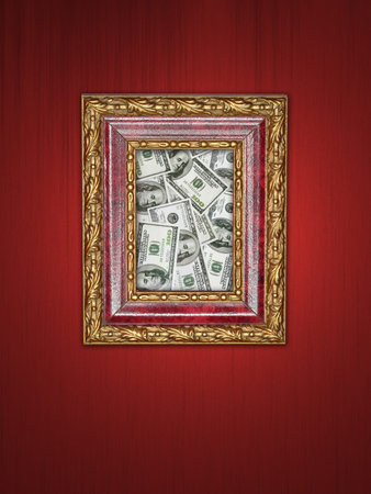 Pile of one hundred dollar banknotes in wooden picture frame with golden ornaments hanging on purple...