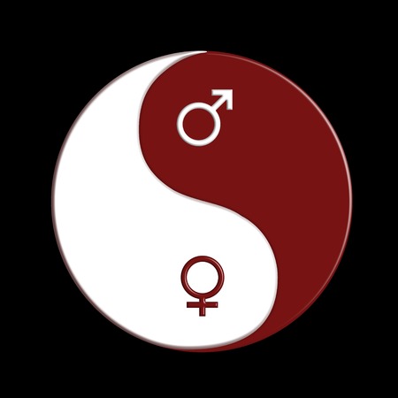 Red and white ying-yang sign with male and female symbols over black backgroundの写真素材
