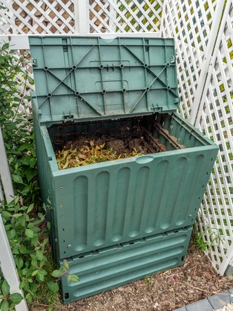 Green plastic compost bin full of organic and domestic food scrapsの写真素材