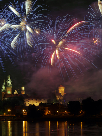 Fireworks show by the Wawel Castle over Vistula river, Krakow, Polandのeditorial素材