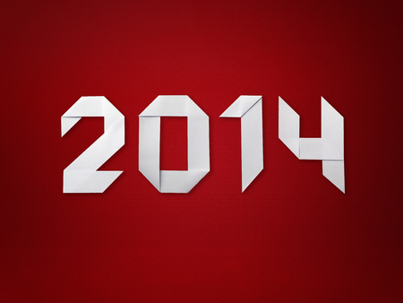 New Year 2014 digits folded from paper in origami style on red backgroundの写真素材