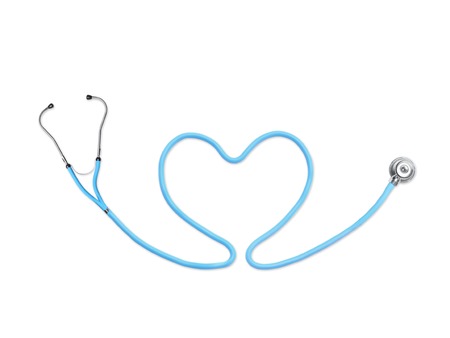 Blue stethoscope in the shape of heart on white backgroundの写真素材