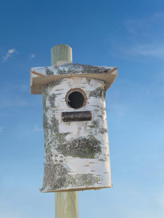 Wooden nesting box over blue sky