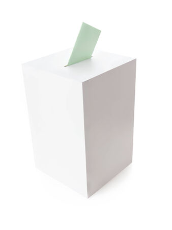 White ballot box with green voting card on white backgroundの写真素材