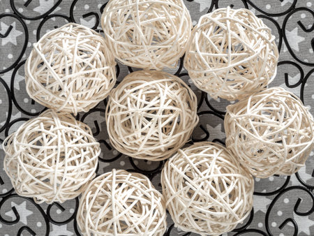 Eight string christmas ball ornaments shot from aboveの写真素材