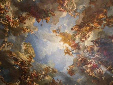 VERSAILLES, FRANCE - AUGUST 28 2013: Ceiling fresco of one of many ornamental chambers of the...