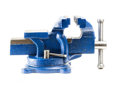 Blue steel vise on white backgroundの写真素材