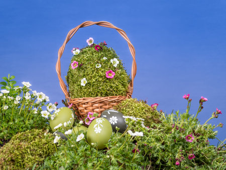Easter wicker basket with giant moss-grown egg and spring flowers and painted egss in the grass over...