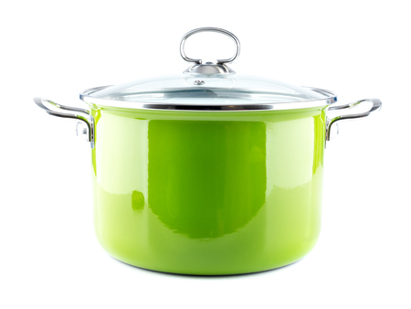 Green enamel pot with lid shot on whiteの写真素材
