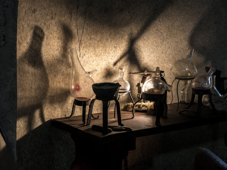 Ancient alchemist's workshop with instruments and equipmentの写真素材