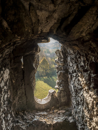 Fortified wall embrasure one of many in the medieval castle Ogrodzieniec, located on the Trail of the Eagles' Nest within the Krakow-Czestochowa Upland, Polandのeditorial素材
