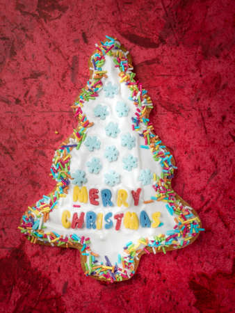 Christmas tree-like gingerbread cookie with white icing on red backgroundの写真素材