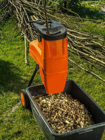 Electric wood shredder with wood chips used for garden mulching