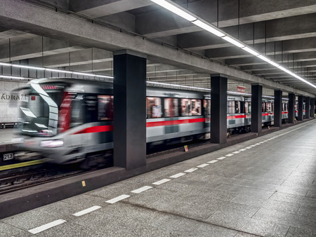 PRAGUE, CZECH REPUBLIC - MARCH 5 2017: Prague subway train leaving the platformのeditorial素材