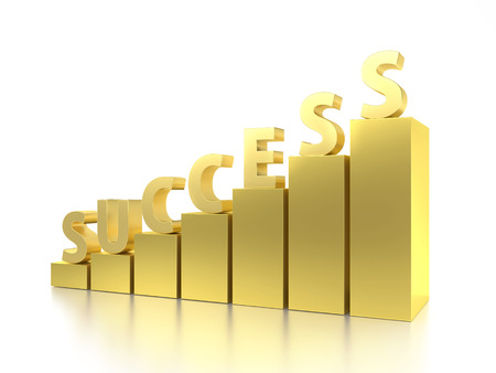 3D rendering of golden bar graph with Success word on top over white backgroundの写真素材